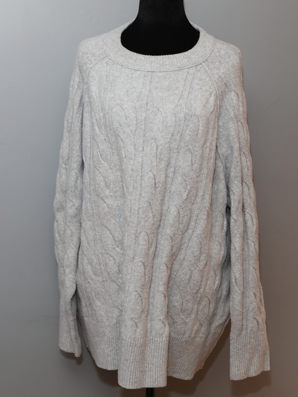 aerie Light Gray Cable-Knit Crewneck Sweater